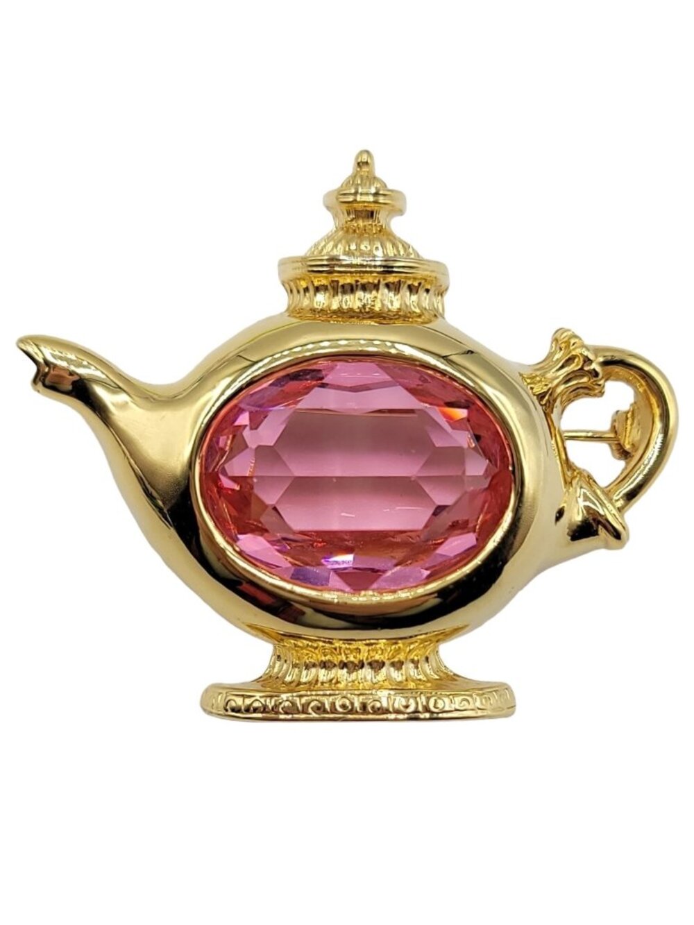 1928 Jewelry Co. Gold Tone Pink Rhinestone Genie Lamp Tea Pot Brooch